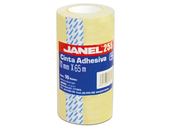 Cinta Adhesiva Janel 255, Económica, 12mm x 65m, Paquete con 10 piezas.