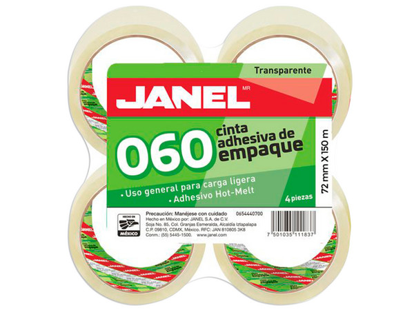 Cinta adhesiva de empaque Janel 72mmx150m, empaque de 4 Piezas. Color Transparente.