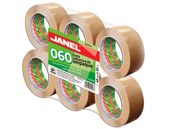 Paquete de Cintas Adhesiva Janel de 48x50, Color Canela, Paquete de 6 Pzs.