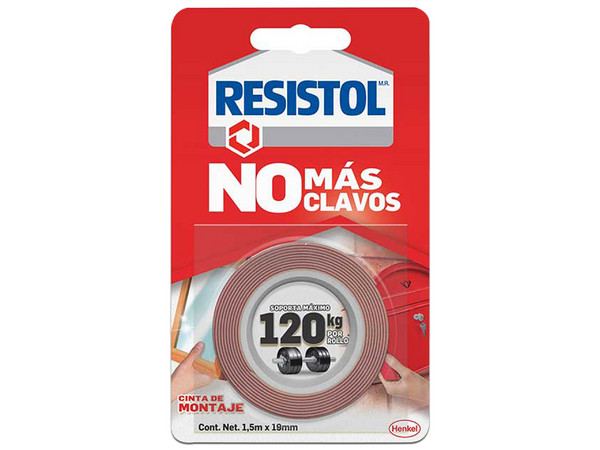 Cinta de Doble Cara Resistol No Más Clavos, 19mm x 1.5m, Soporta hasta 120kg por rollo.