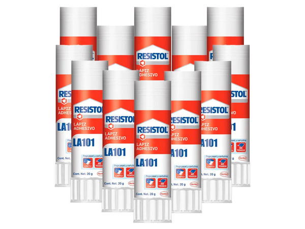 Lápiz Adhesivo Resistol 20g. Caja con 12 piezas, adhesivo en barra de secado rápido y sin solventes, ideal para papel, cartón y manualidades.