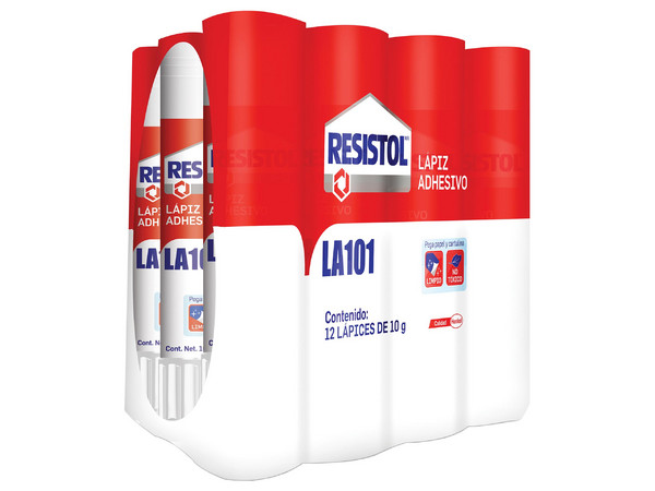 Lápiz Adhesivo Resistol 10g. Caja con 12 piezas, adhesivo en barra de secado rápido y sin solventes, ideal para papel, cartón y manualidades.
