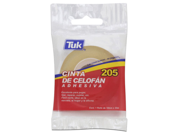 Cinta Adhesiva TUK 205 de 18mm x 33m, transparente. Paquete con 12 piezas