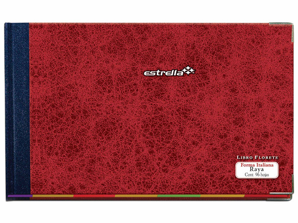 Libro Estrella Florete Raya (Modelo 123): 96 hojas rayadas, tamaño 34.8 x 24.8 cm, papel bond, ideal para anotaciones y registros detallados.