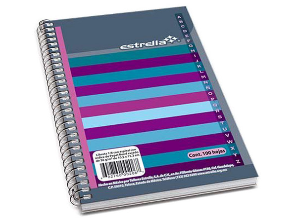Libreta Estrella 1/8 Espiral Raya con Índice 100 Hojas (Modelo: 0206) es una opción ideal para quienes buscan un cuaderno compacto y funcional para tomar notas