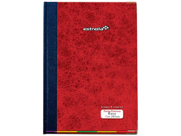 Libro Estrella Florete Raya 240 Hojas (Modelo 100): Formato francesa (23.6 x 34.1 cm), 240 hojas rayadas, esquinas reforzadas con puntas metálicas, ideal para registros contables y anotaciones detalladas.