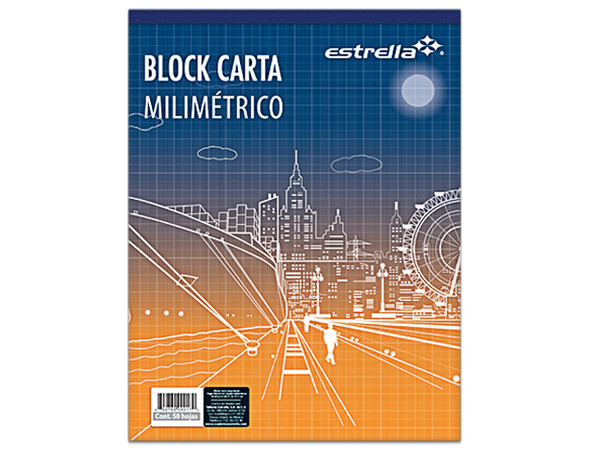 Block Estrella Carta Milimétrico 50 Hojas (Modelo 17) presenta hojas de papel bond de 60 g con rayado milimétrico, tamaño carta (21.6 x 27.9 cm), lomo engomado para fácil manejo y rayado naranja óptico.