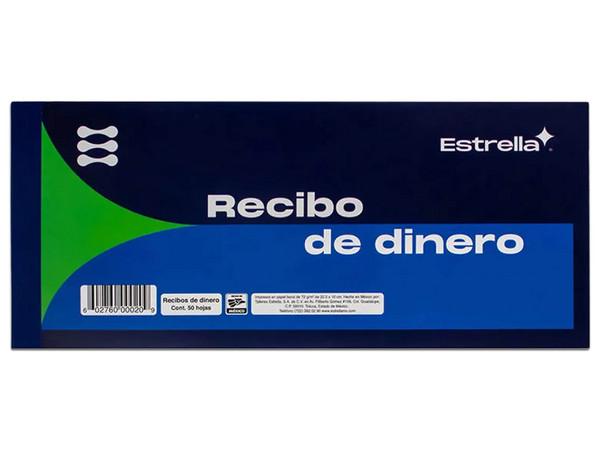 Block Estrella Recibo Dinero, 50 Hojas. Tamaño Máximo de Papel: 100 x 225 mm, Colores Azul y Verde. Peso de 75 g/m.