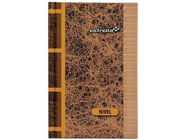Libreta Estrella Nivel, Pasta Dura, 96 Hojas, con Patrón en Colores Café y Naranja.