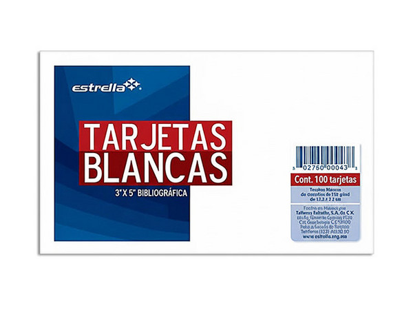 Tarjetas, Estrella, Bibliográficas 3x5, Color Blanco, 100 Piezas.