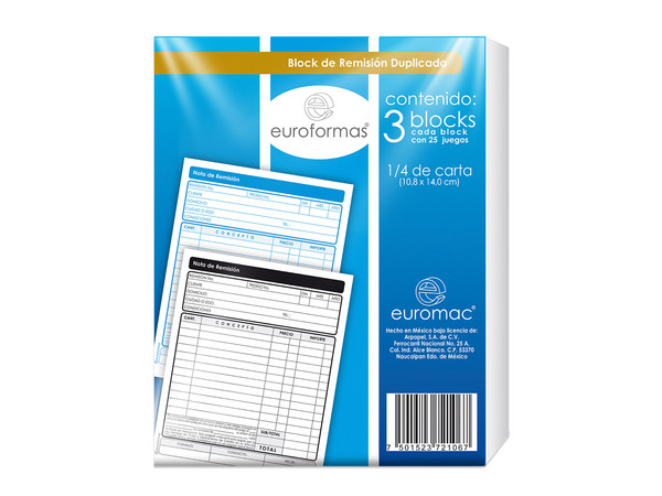 Block Euroformas Remisión Duplicado 1/4 Carta (Modelo ER0127) contiene tres blocs, cada uno con 25 juegos de hojas tamaño 1/4 carta (10.8 x 14 cm), ideales para registrar transacciones comerciales.