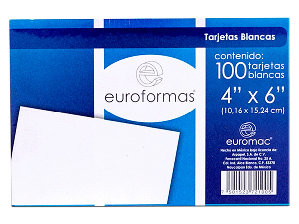Tarjetas Euroformas TI0002, Bibliografica, Paquete con 100 Hojas, Color Blanco.