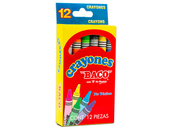 Crayones Estándar BACO, Colores Surtidos, Paquete con 12 piezas.