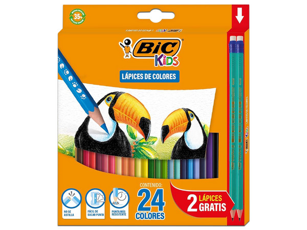 Estuche de Colores BIC Evolution tiene minas de 3 mm y contiene 24 piezas, perfectas para actividades artísticas y creativas.