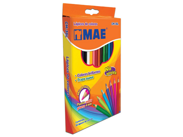 Colores MAE Largos de punta 4mm, Redondos, 36 pzas, Colores Surtidos.