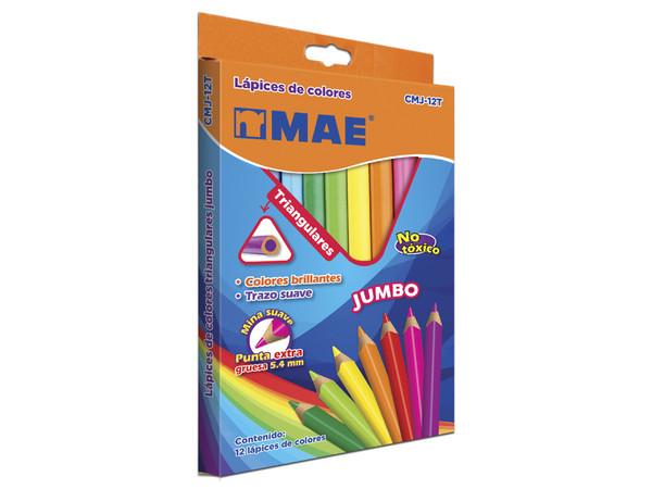 Colores MAE CMJ-12T, Triangulares, Jumbo, Colores Surtidos, Caja con 12 Piezas.