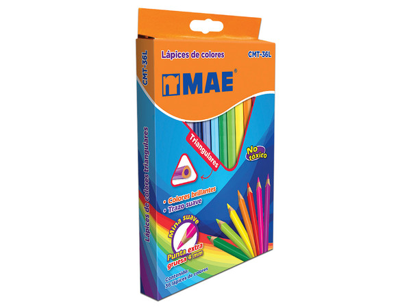 Colores Mae CMT-36L de madera, cuerpo triangular y largo. Caja con 36 piezas