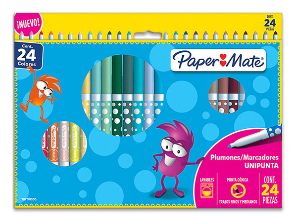 Plumones Paper Mate Unipunta, colores surtidos, caja con 24 piezas, tinta de secado rápido y resistencia al agua.