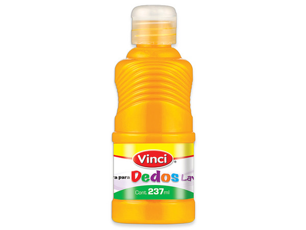 Pintura para Dedos Lavable Vinci en color amarillo viene en presentación de 237 ml, ideal para actividades infantiles y proyectos artísticos.