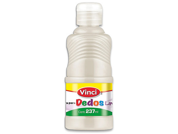 Pintura para Dedos Lavable Vinci en color blanco viene en presentación de 237 ml, ideal para actividades infantiles y artísticas.