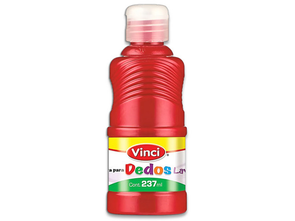 Pintura para Dedos Lavable Vinci en color rojo viene en presentación de 237 ml, ideal para actividades infantiles y proyectos artísticos.