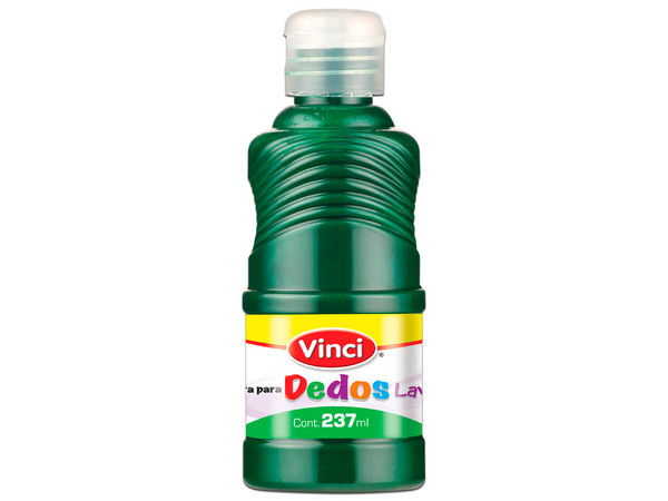 La Pintura para Dedos Lavable Vinci en color verde viene en presentación de 237 ml, ideal para actividades infantiles y proyectos artísticos.