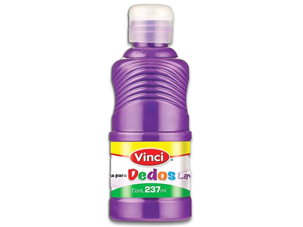 Pintura para Dedos Lavable Vinci en color violeta viene en presentación de 237 ml, ideal para actividades infantiles y proyectos artísticos.