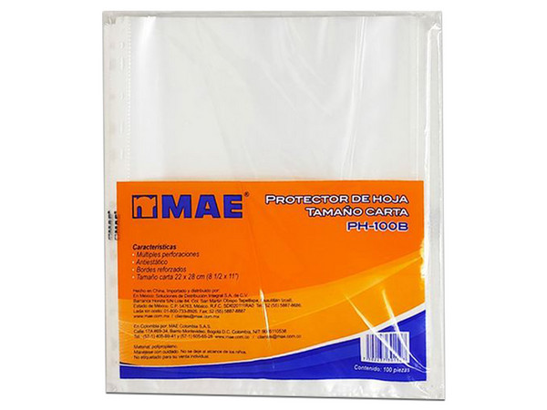 Protectores de Hojas MAE PH-100B, Tamaño carta, Bolsa con 100 piezas.