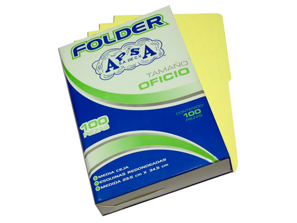 Folder APSA L24FO de Tamaño Oficio, Color Canario, Paquete con 100 piezas.