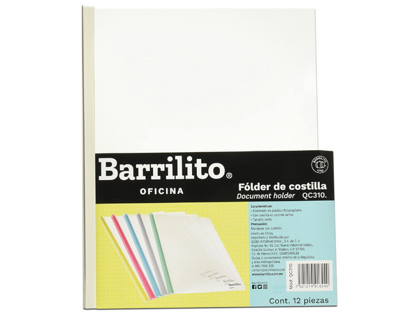 Folder Barrilito Plástico, Tamaño Carta, Costilla. Paquete con 12 Piezas, Colores Variados. Diseño en Orientación Vertical.
