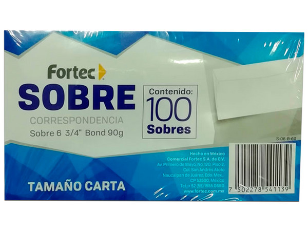Sobre Correspondencia Fortec S-06-B-60, Tamaño Carta, 100 Piezas, Color Blanco.