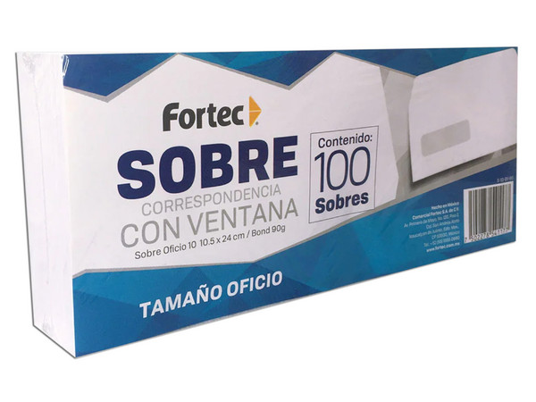 Sobre Correspondencia Fortec S-10-BV-60, Ventana Oficio, 100 Piezas, Color Blanco.