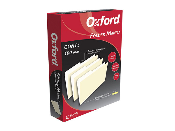 Folder Manila Oxford Tamaño Oficio, Ceja de 1/2, Color Amarillo, Caja con 100 piezas.