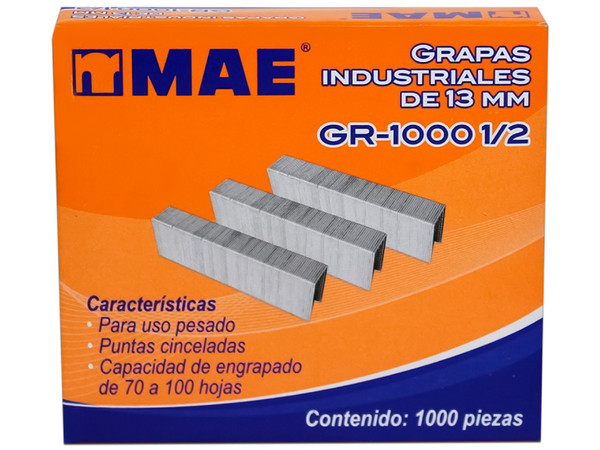 Grapas Industriales MAE GR-1000, 1000 Piezas de 1/2, hasta 100 Hojas.