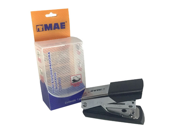 Engrapadora mini MAE ME-12C de media tira, capacidad de hasta 20 hojas.