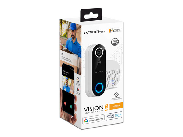 Timbre Inteligente Argomtech Vision 2, Cámara de 2MP (1920 x 1080), Sensor PIR, Lector de tarjeta TF hasta 128GB (No incluye memoria), Wi-Fi 2.4GHz. Color Blanco.