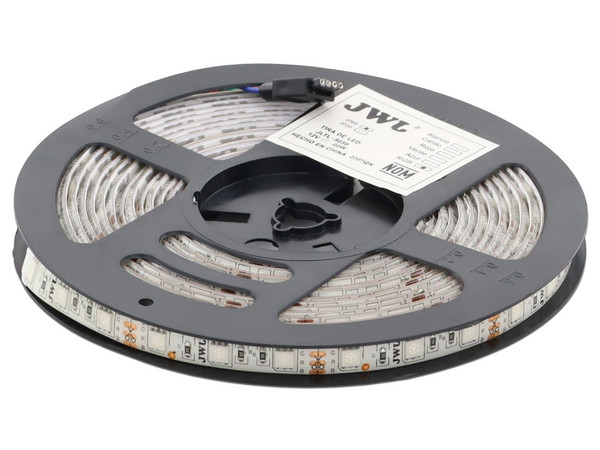 Tira LED JWJ JLTL-5050-IP65-RGB,  22W, IP65, 5m, Multicolor. Requiere transformador de 12 V (No Incluido).