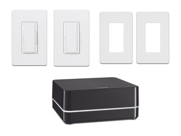 Kit Lutron de RA2 Select, HUB controlador principal Lutron RRSELREP2BL, Atenuador, Switch de iluminación y 2 Placas de pared.