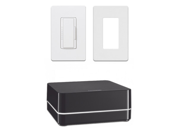 Kit Lutron de RA2 Select, HUB controlador principal Lutron RRSELREP2BL, Atenuador y Placa de pared.