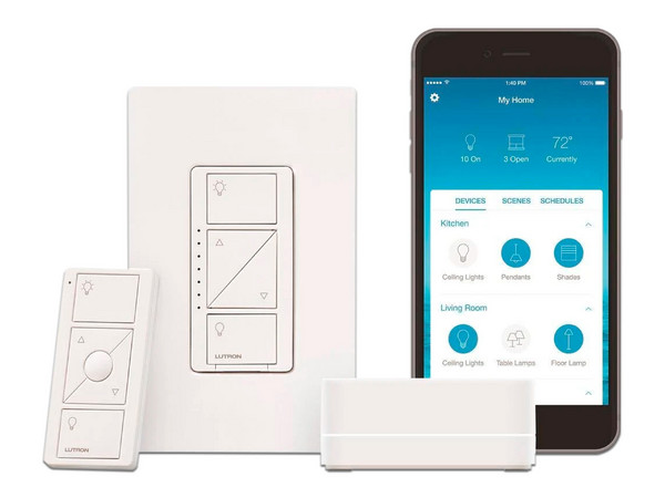 Kit de Sistema de Control de Iluminacion Lutron Hub PRO, Controlador, Atenuador, Control remoto y Tapa.