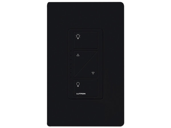 Atenuador de pared Lutron, baje/suba intensidad de iluminación y encienda o apague, color negro.