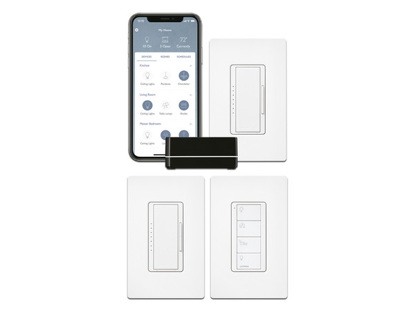 Kit Lutron de RA2 Select, HUB controlador principal Lutron RRSELREP2BL, 2 Atenuadores, Switch de iluminación con base de pared y 3 Placas de pared.
