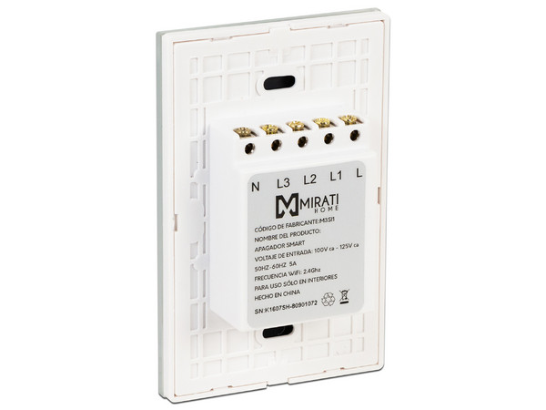Apagador inteligente Touch  Mirati M3SI1, 3 apagadores, control remoto por WiFi. (Requiere cable neutro)