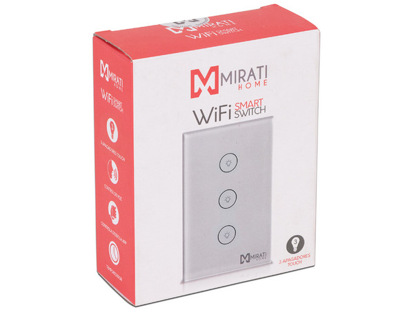 Apagador inteligente Touch  Mirati M3SI1, 3 apagadores, control remoto por WiFi. (Requiere cable neutro)