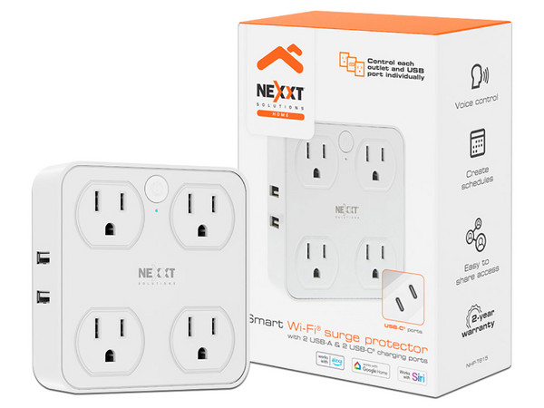 Enchufe inteligente Wi-Fi Nexxt Solutions NHP-T615, 4 x NEMA 5-15R, 2 x USB Tipo A, 2 x USB Tipo C. Color Blanco.