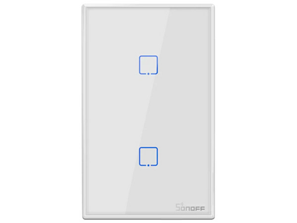 Apagador de Pared Táctil SONOFF T2US2C-TX, Control ON/OFF, Doble Canal, Conectividad Wi-Fi, Compatible con Alexa y Google Home.