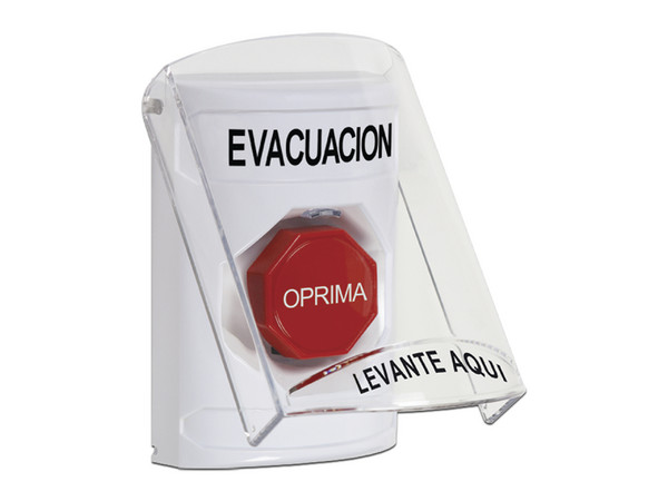 Botón de Evacuación SS2-322-EV-ES, Texto en Español Con Tapa Protectora de Policarbonato, Color Blanco.