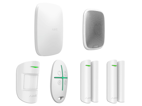 Kit Residencial exterior AJAX que incluye: Panel de alarma / Sensor de movimiento / 2 detectores para puerta o ventana. Color Blanco