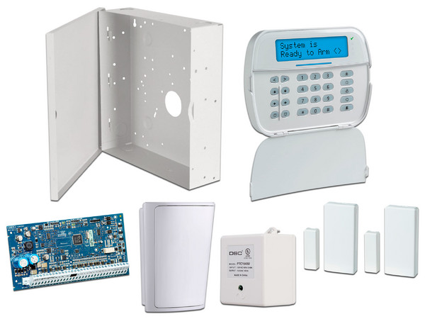 Paquete Serie NEO DSC NEO-LCD-SB con panel HS2032, Teclado Alfanumérico HS2LCDN, Sensor PIR LC100PI y 2 Contactos Magnéticos.