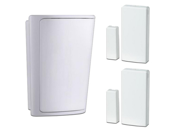 Paquete DSC 2 Contactos magnéticos inalámbricos PG9303, para interiores, incluye un sensor de movimiento PG9914, Color Blanco.
